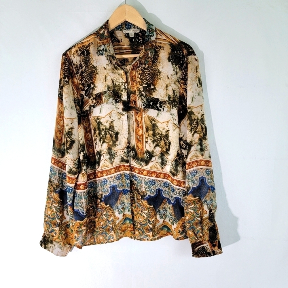 ALBERTO MAKALI Woman Mix Prints Button Up Long Sleeve Blouse Sz XL Boho Fall